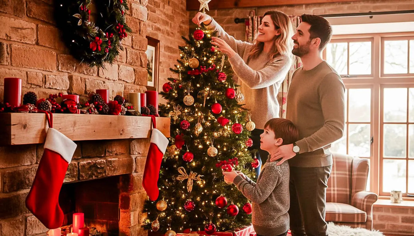 Family decorating Christmas tree together in cosy UK living room wearing Swoollies merino wool socks
