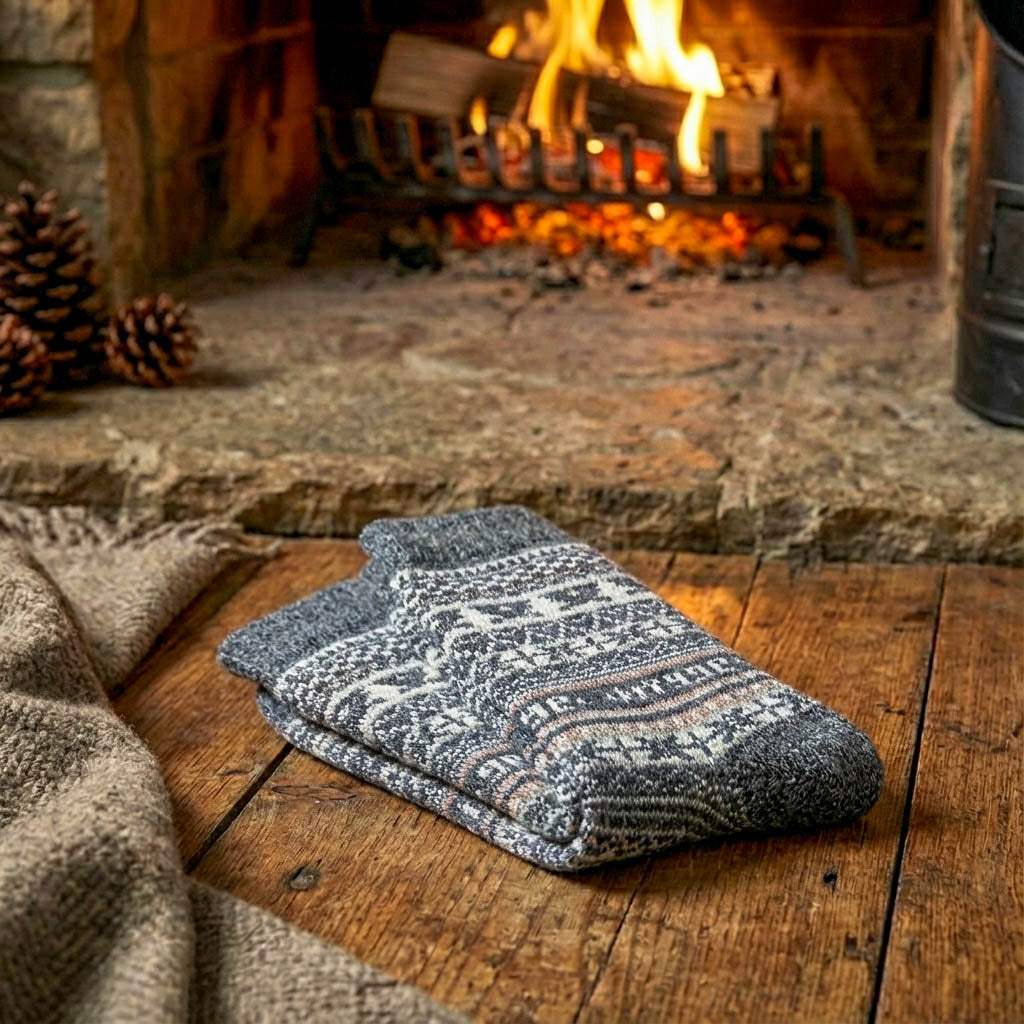 Folded pairs of grey Fair Isle merino wool Swoollies socks arranged neatly on the floor in front of a lit fireplace