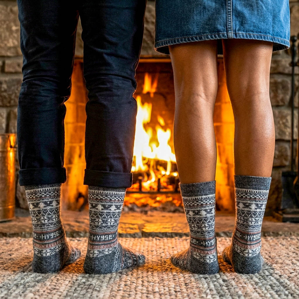 Couple wearing matching grey Fair Isle Legacy Edition merino wool Swoollies socks by fireplace creating warm hygge moment together