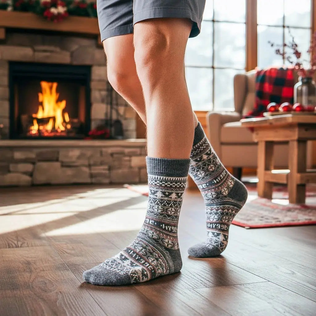 Man wearing grey Fair Isle Legacy Edition merino wool Swoollies socks in cosy alpine chalet setting with premium heritage patterns
