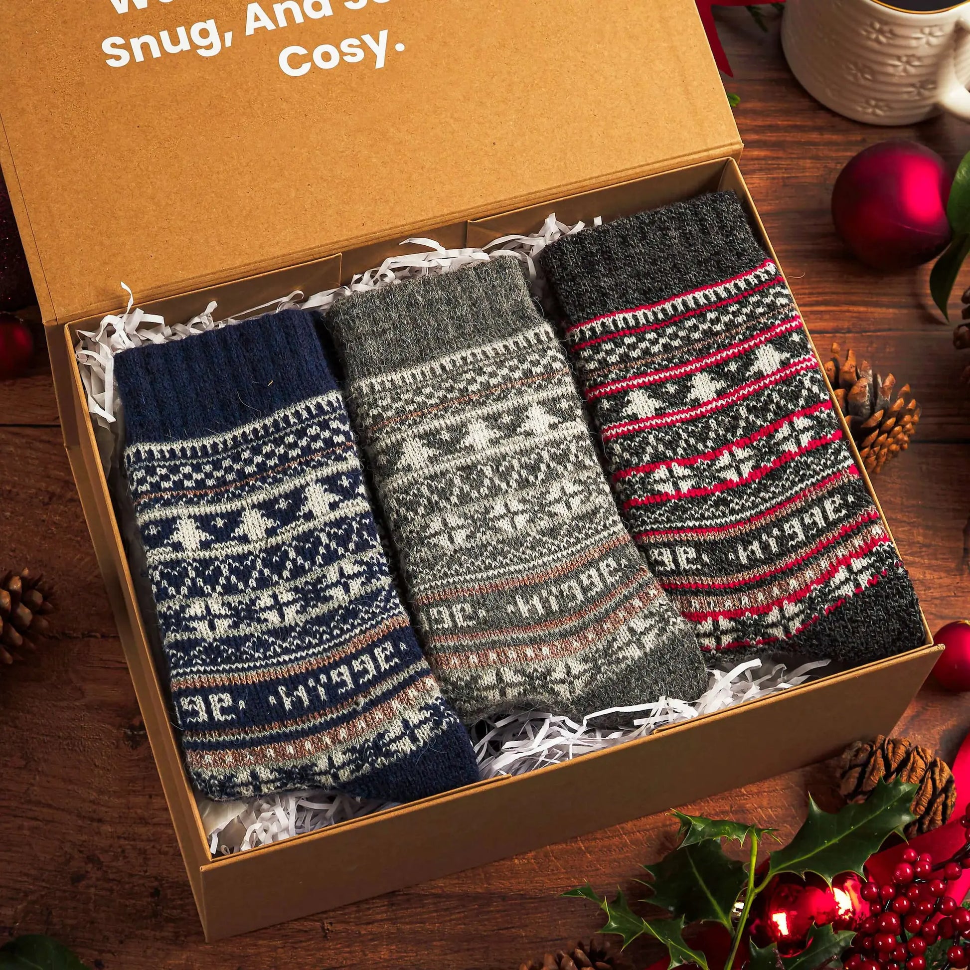 Swoollies Socks Open Gift Box Displaying Beautiful Fair Isle Merino Wool Patterned Socks