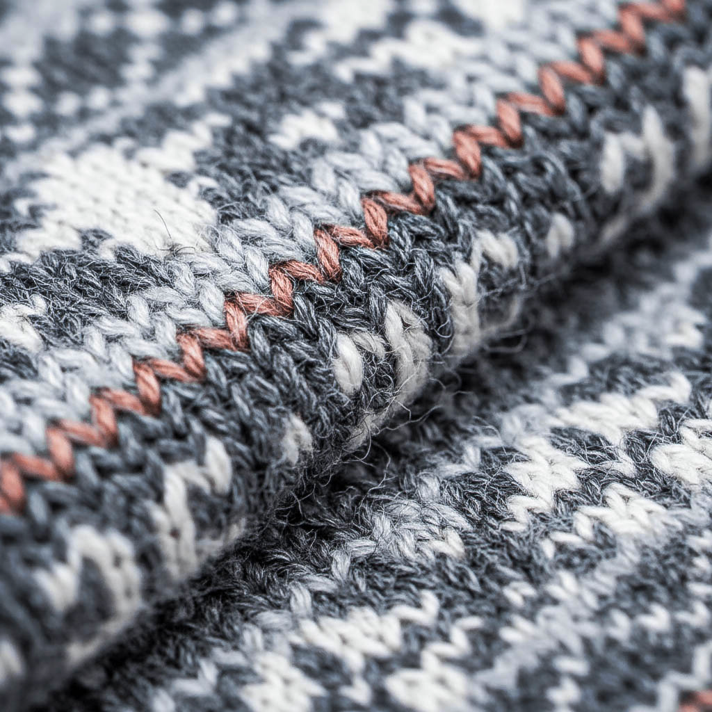 Close-up texture of thick grey Fair Isle merino wool Swoollies socks showing premium knit quality and hygge warmth
