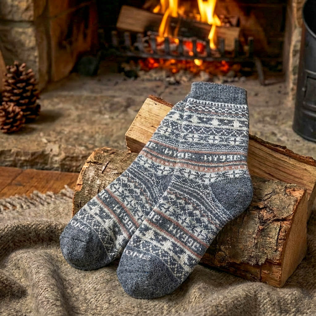 Thick grey Fair Isle merino wool Swoollies socks displayed on firewood logs in front of a cosy fireplace