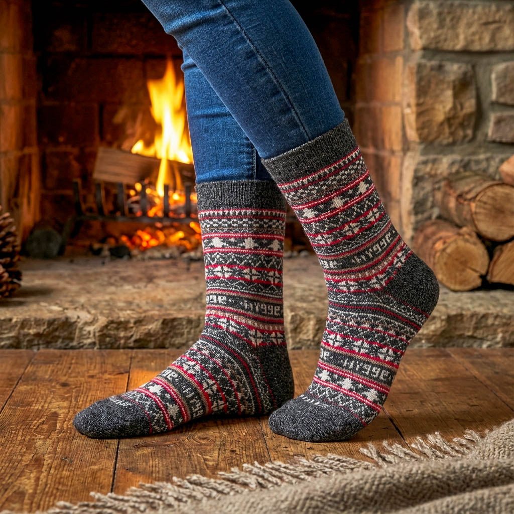 Woman wearing charcoal Fair Isle Legacy Edition merino wool Swoollies socks in front of a fireplace with warm hygge atmosphere