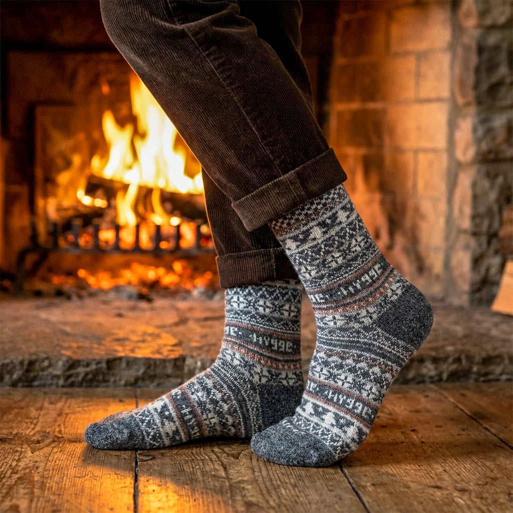 Woman wearing grey Fair Isle Legacy Edition merino wool Swoollies socks in front of a fireplace with warm hygge atmosphere