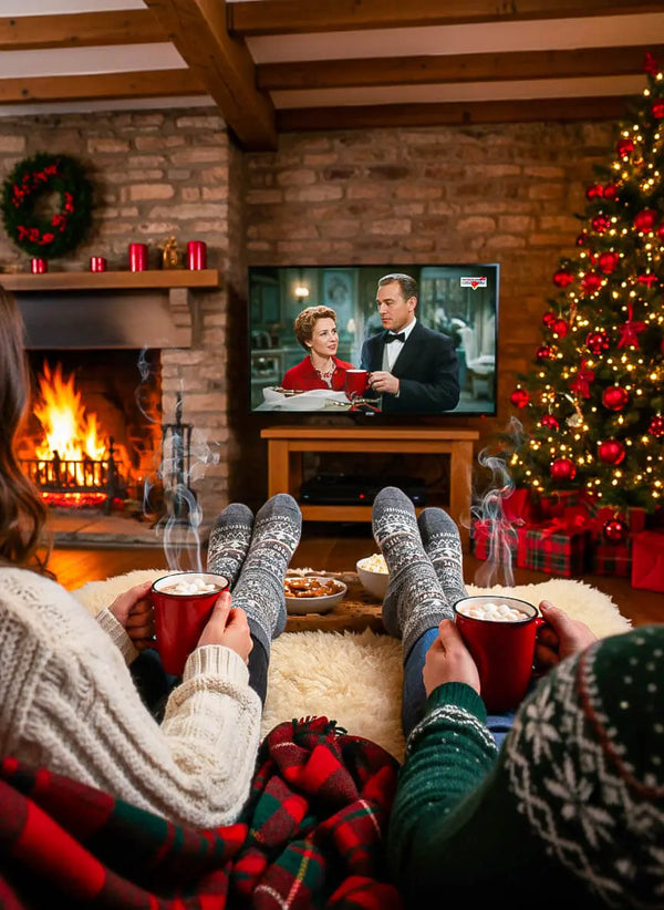 A couple, sitting on a couch with grey merino wool Swoollies socks on, holding hot cocoa with marshmallow in front of a fireplace and Christmas tree. They are watching a Christmas movie on TV