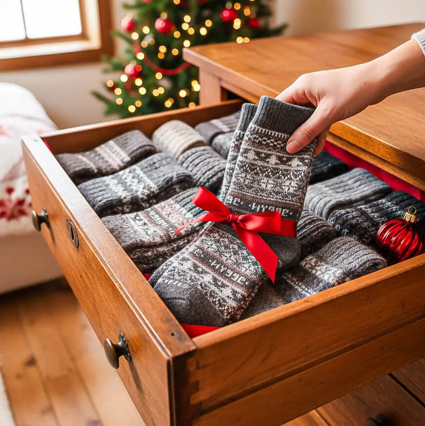 Person holding a pair of grey patterned socks with a red bow in front of an open wooden drawer filled with similar socks, Christmas tree in the background.